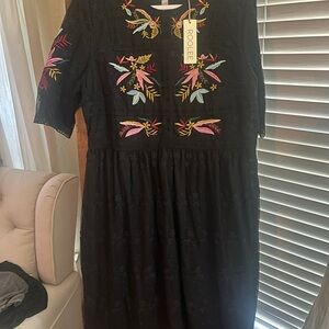 Roolee Black Midi Dress with Pink, Yellow and Light Blue Floral Embroidery